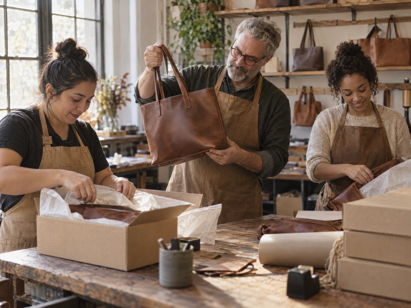 The Tin Bucket Mercantile team inspecting and packing leather bags at the Dallas, Georgia shop
