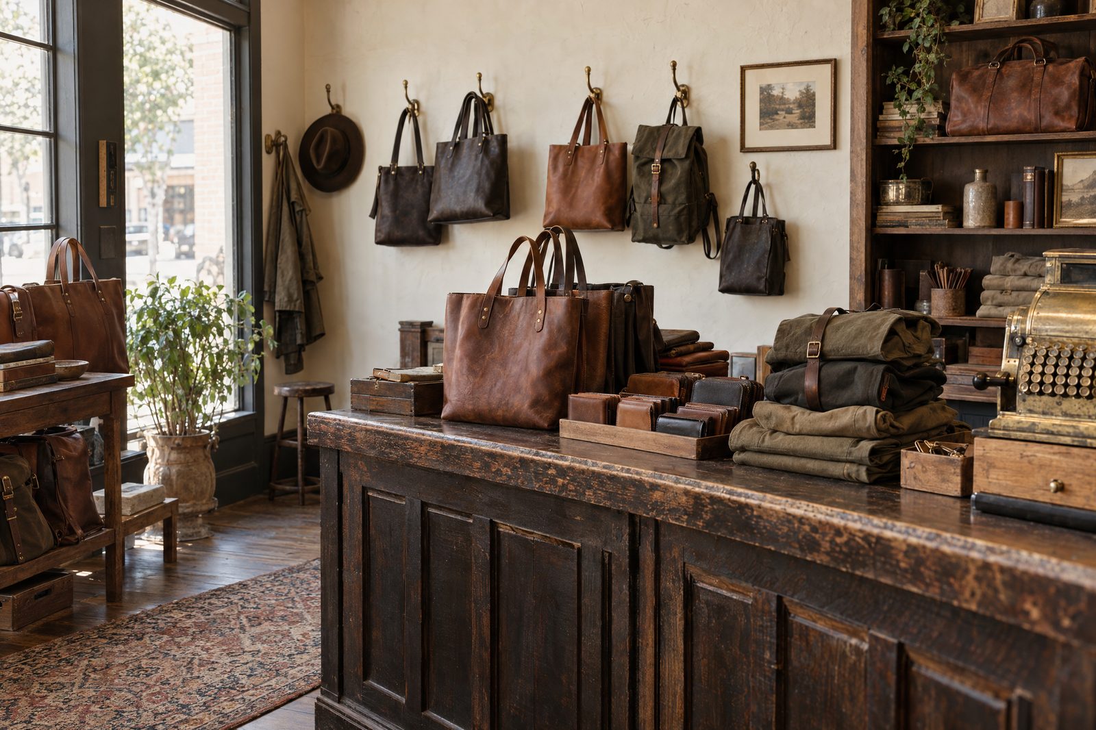 The Tin Bucket Mercantile counter with stacked leather totes and folded canvas backpacks