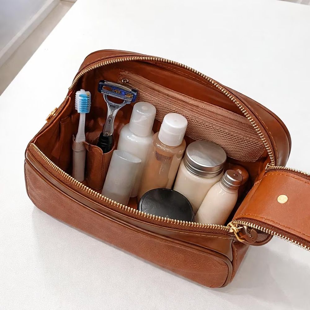 Brown Leather Toiletry Bag - Cosmetic Bag from Tin Bucket Mercantile