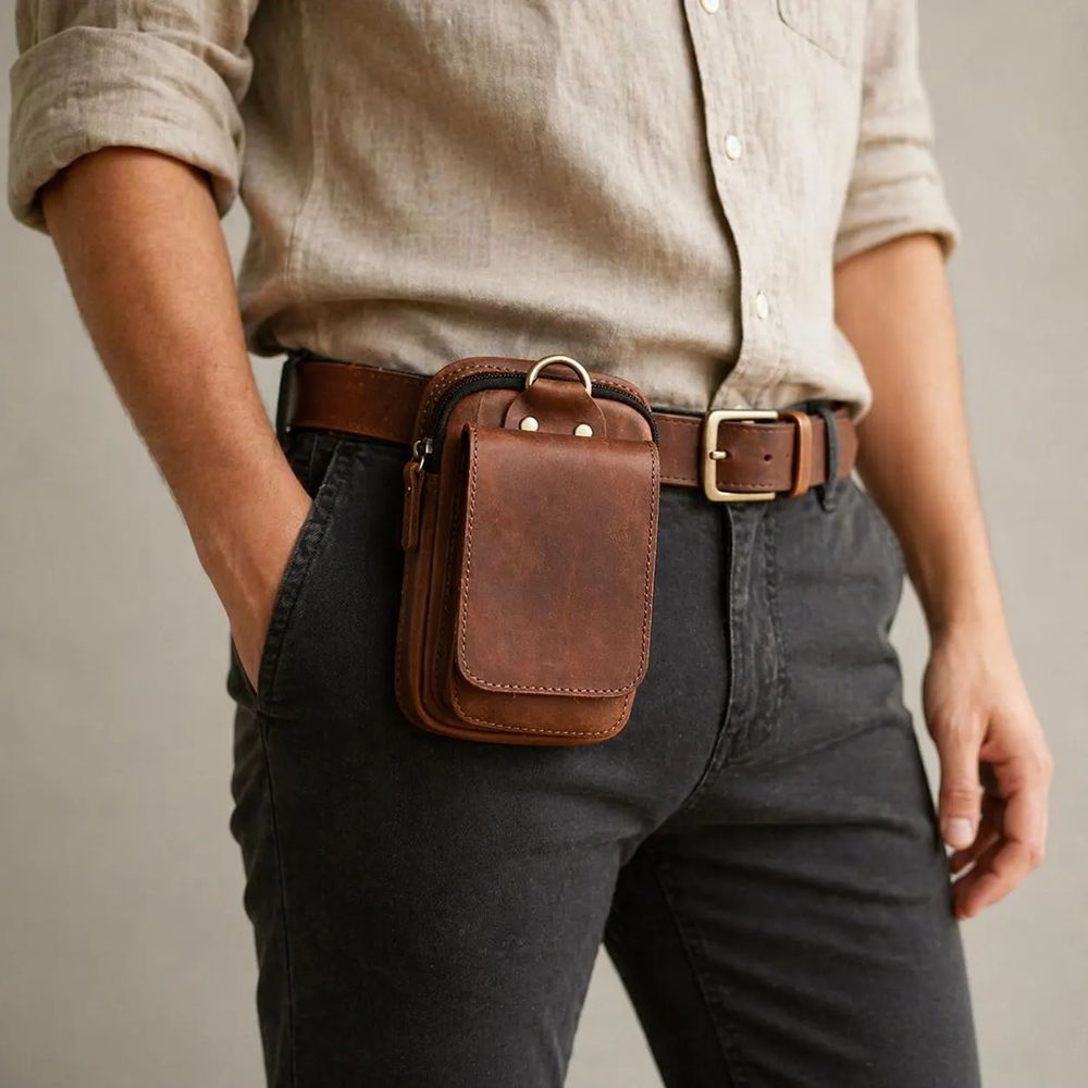 Genuine Leather Men’s Waist Bag, Cowhide Belt detail photo 3
