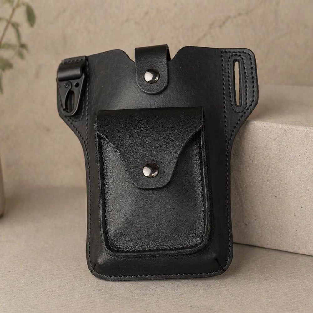 Genuine Leather Men’s Waist Bag, Retro Phone detail photo 2
