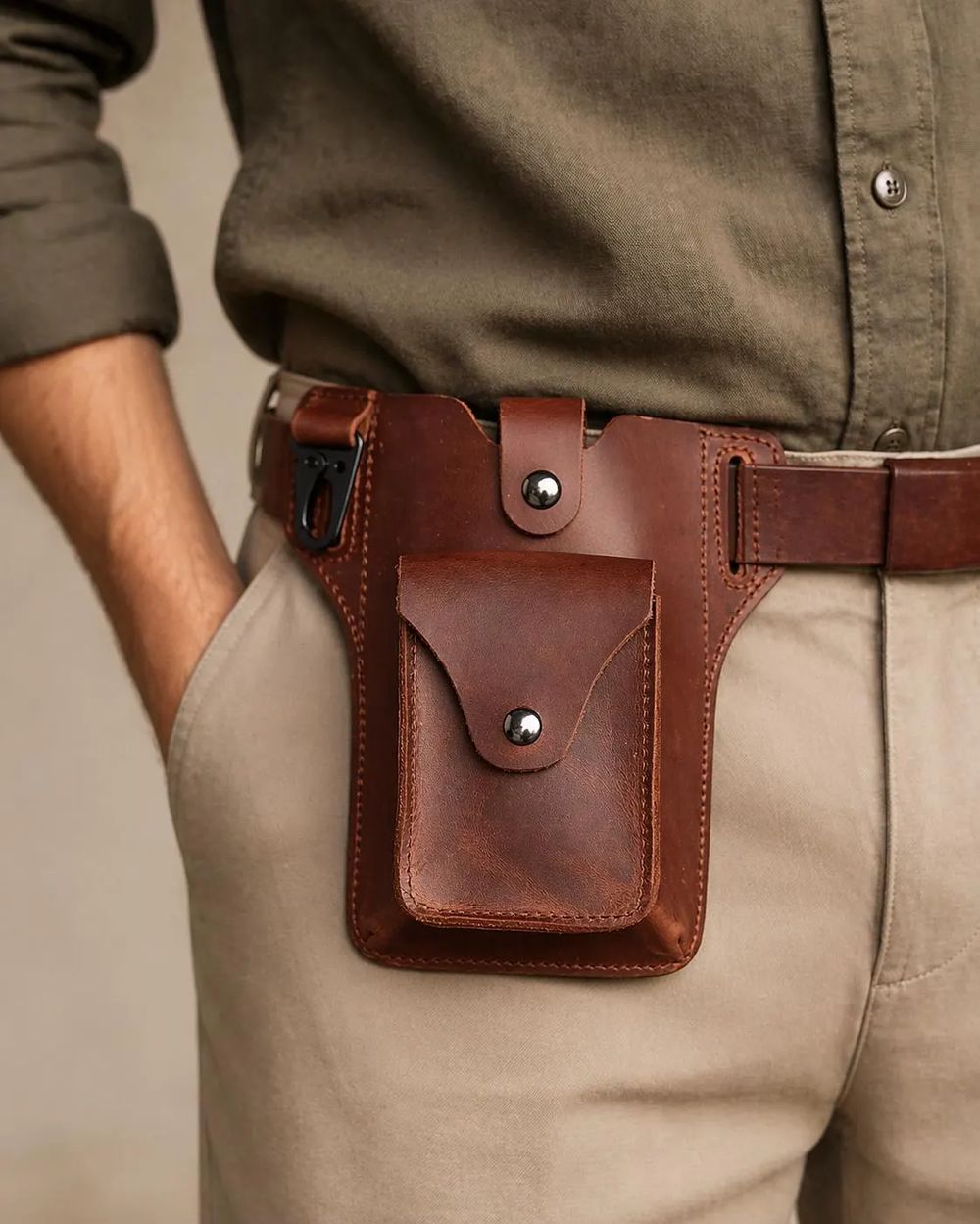 Genuine Leather Men’s Waist Bag, Retro Phone detail photo 4