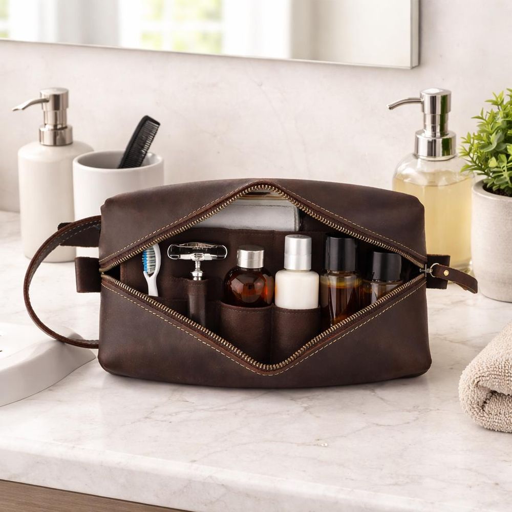 Genuine Leather Toiletry Bag – Retro Crazy detail photo 3