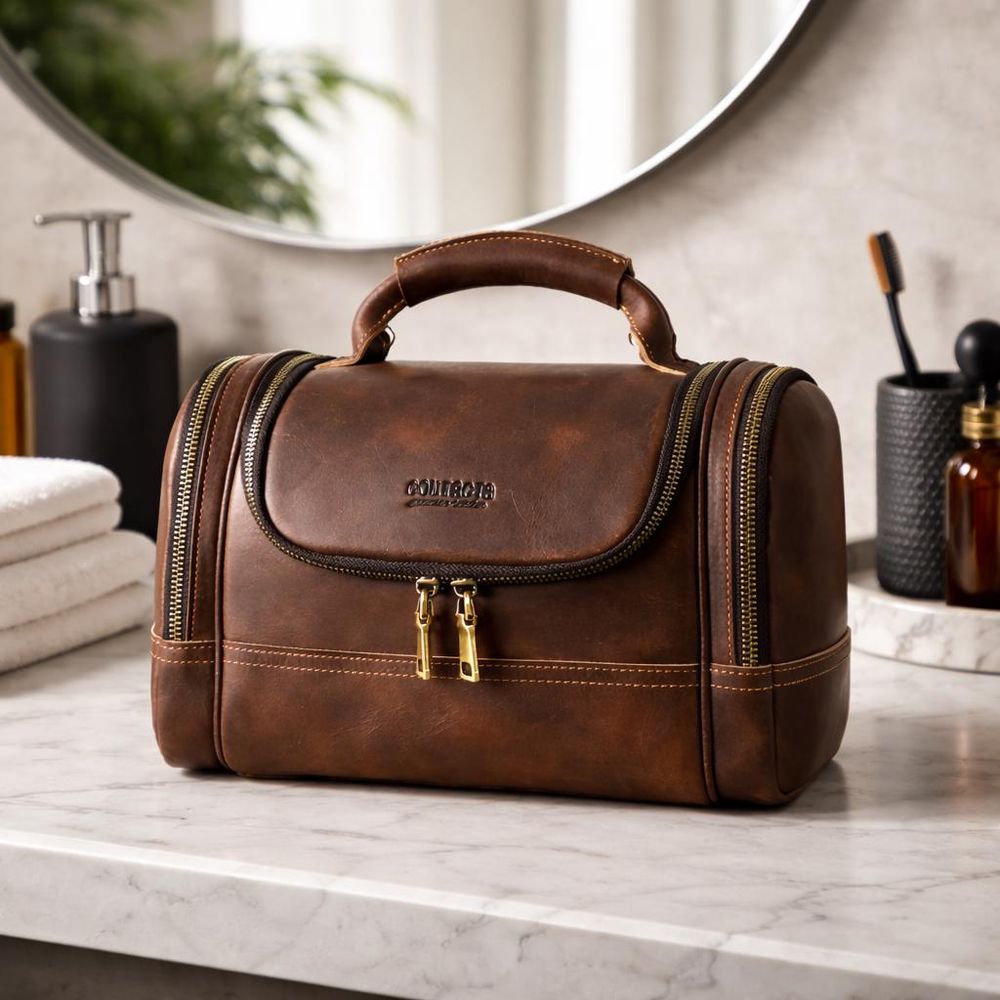 Genuine Leather Toiletry Bag – Retro Style detail photo 3