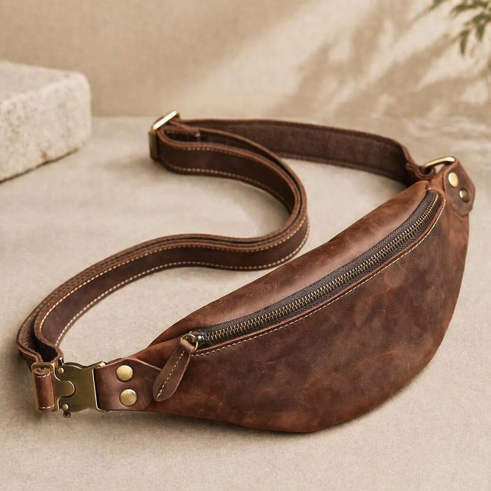 Genuine Leather Waist Bag, Retro Brown - Waist Bag from Tin Bucket Mercantile