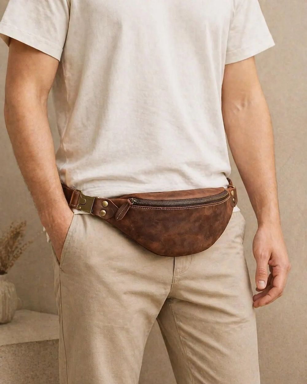 Genuine Leather Waist Bag, Retro Brown detail photo 2