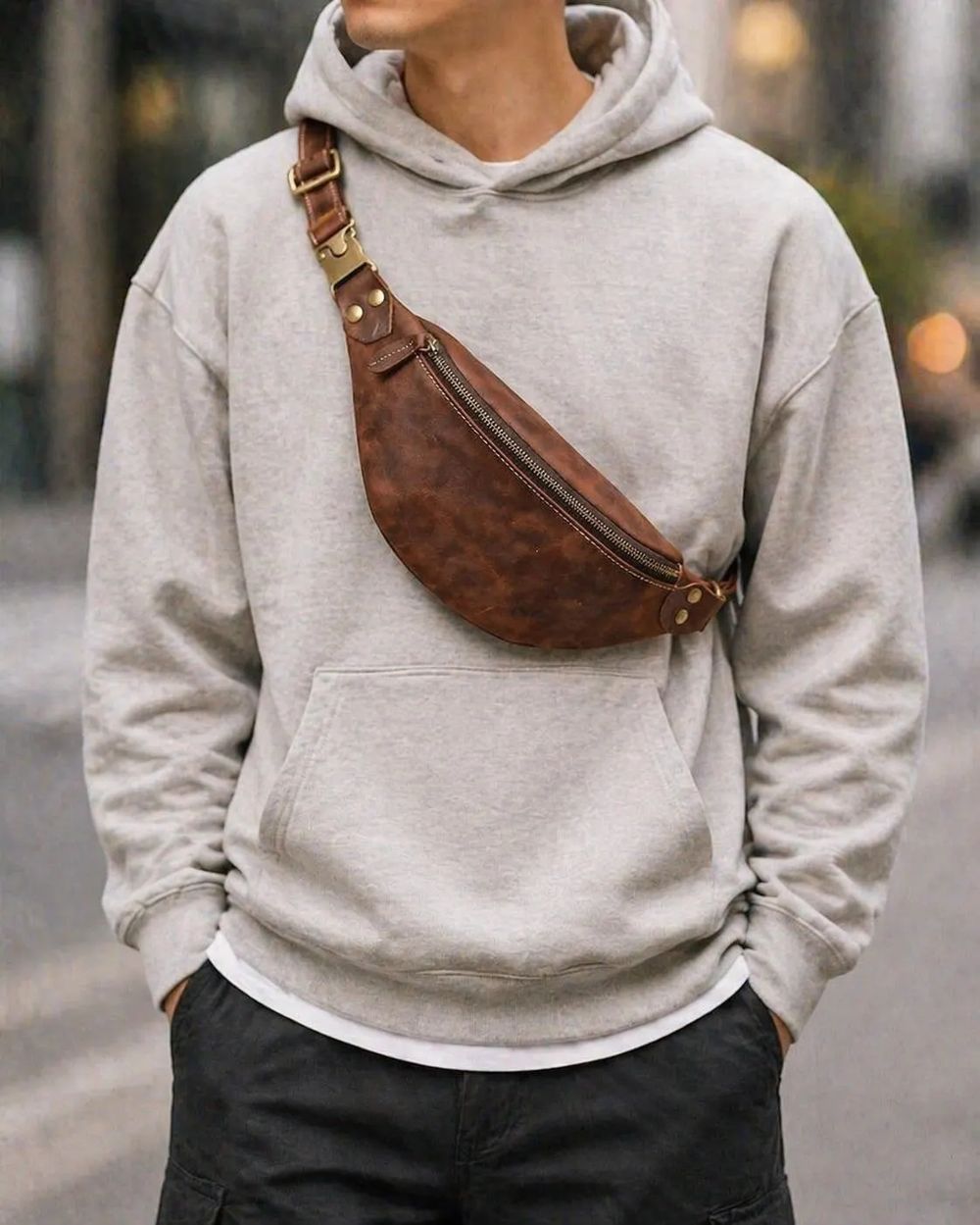Genuine Leather Waist Bag, Retro Brown detail photo 4