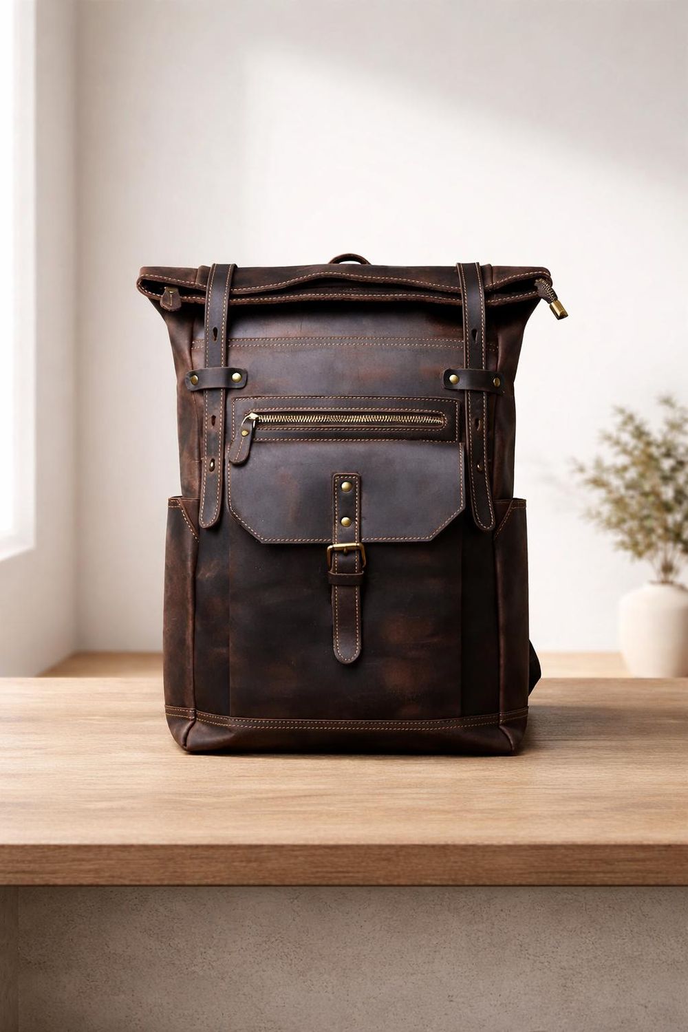 Handcrafted Crazy Horse Leather Men’s Backpack – - Backpack from Tin Bucket Mercantile