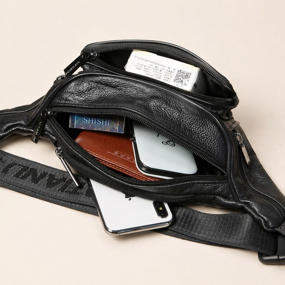 Men's Black PU Leather Waist Bag detail photo 2