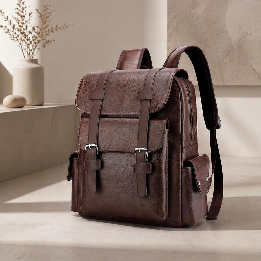 Men's PU Leather Laptop Backpack detail photo 3