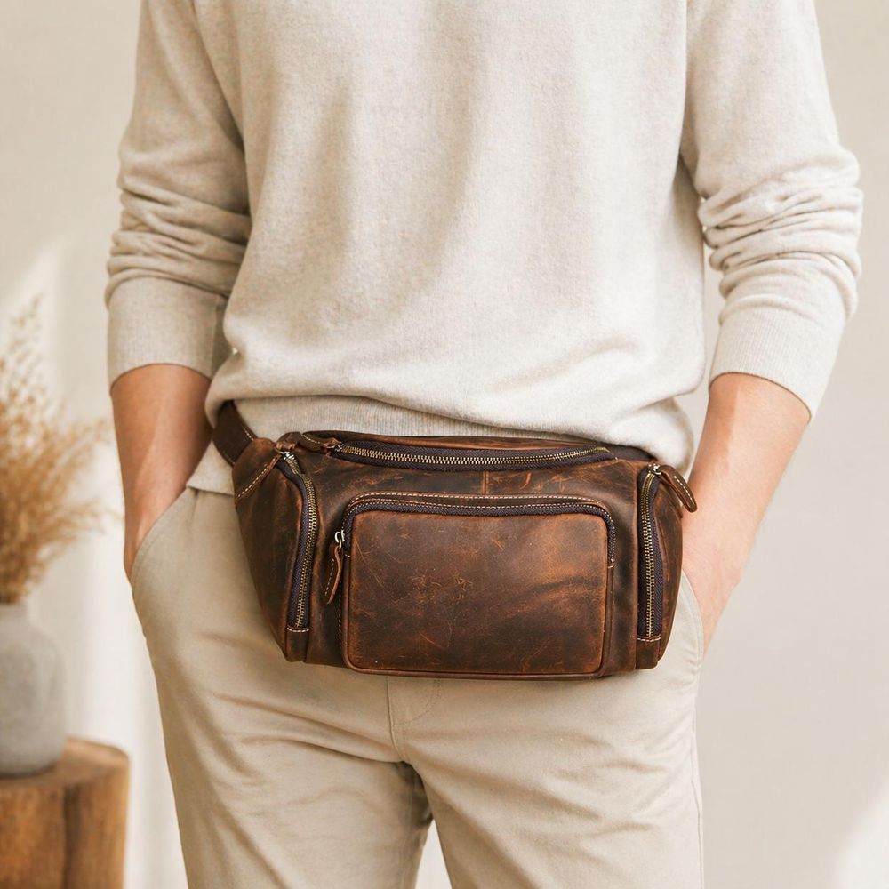 Men's Retro Leather Crossbody Chest Bag detail photo 2