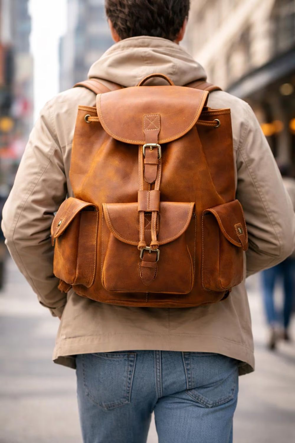 Men's Vintage Crazy Horse Leather Backpack detail photo 4