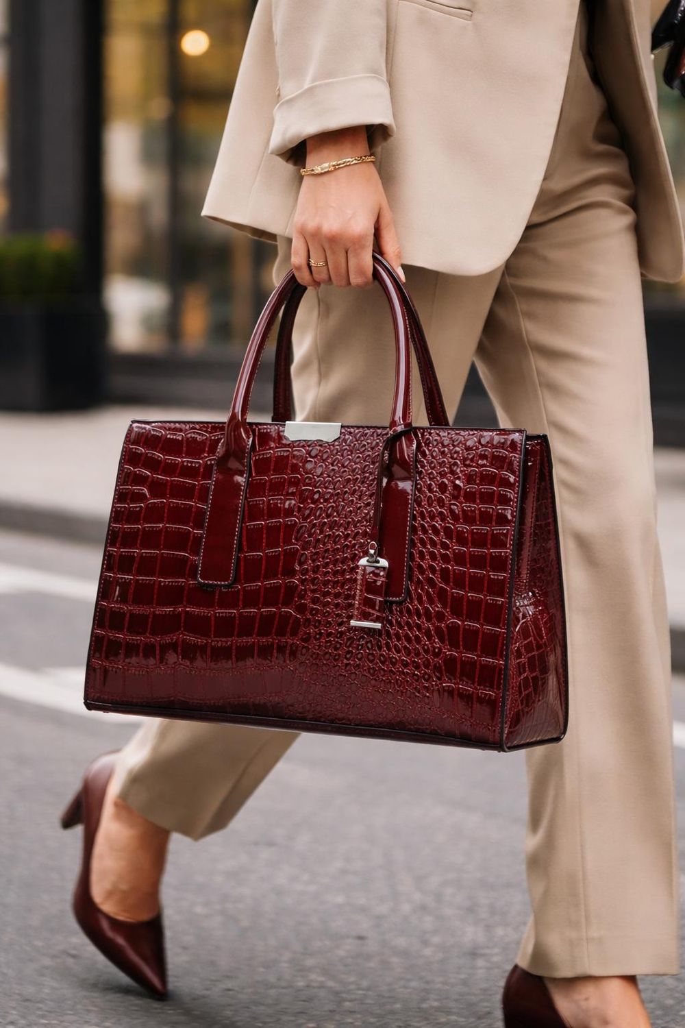 Vintage Crocodile Embossed PU Leather Tote Handbag detail photo 3