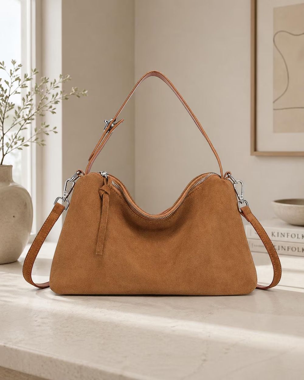 Women's Genuine Suede Cowhide Leather Shoulder Bag - Shoulder Bag from Tin Bucket Mercantile